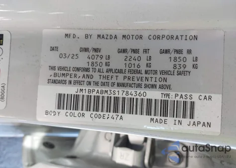 2025 Mazda Mazda3 2.5 S Select Sport из США, поврежденный, VIN JM1BPABM3S1784360